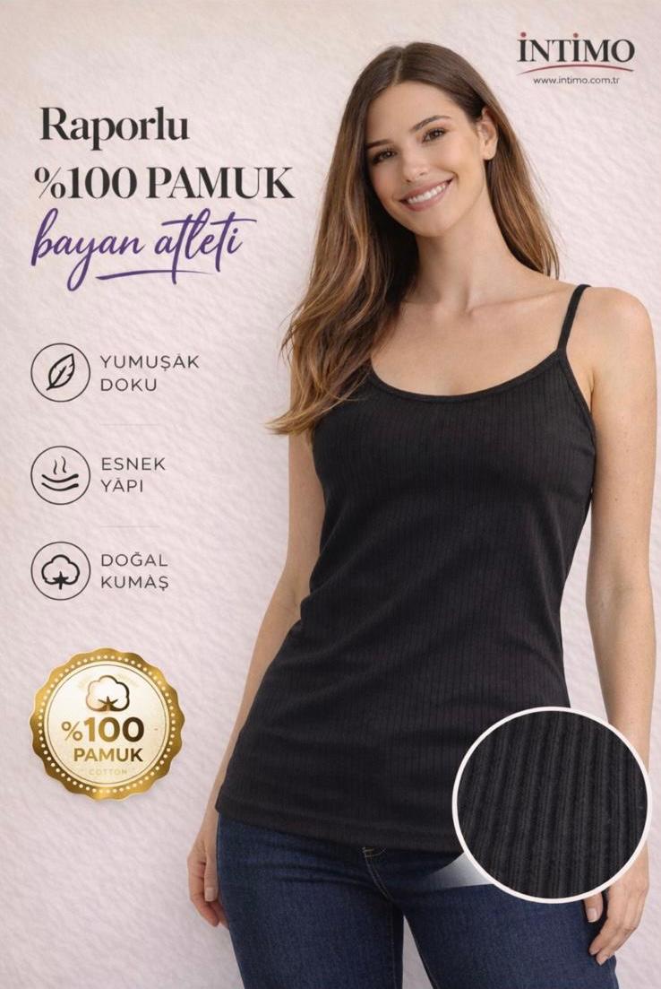İntimo Raporlu Siyah %100 Pamuk Kadın Atlet